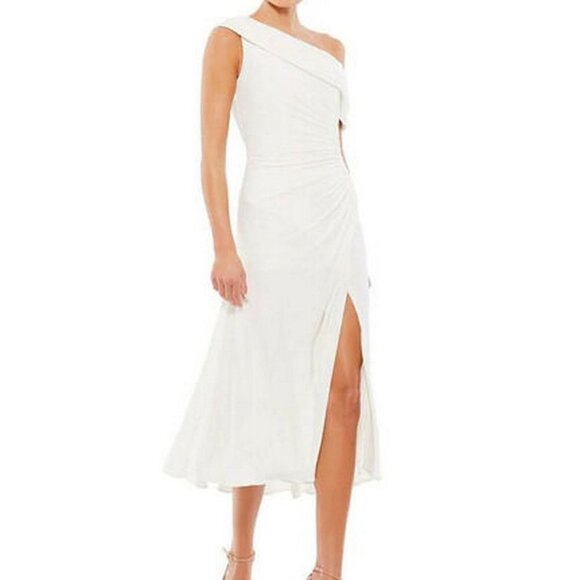 Mac Duggal White Foldover Ruched One-Shoulder Chiffon Midi Dress - Picture 1 of 3